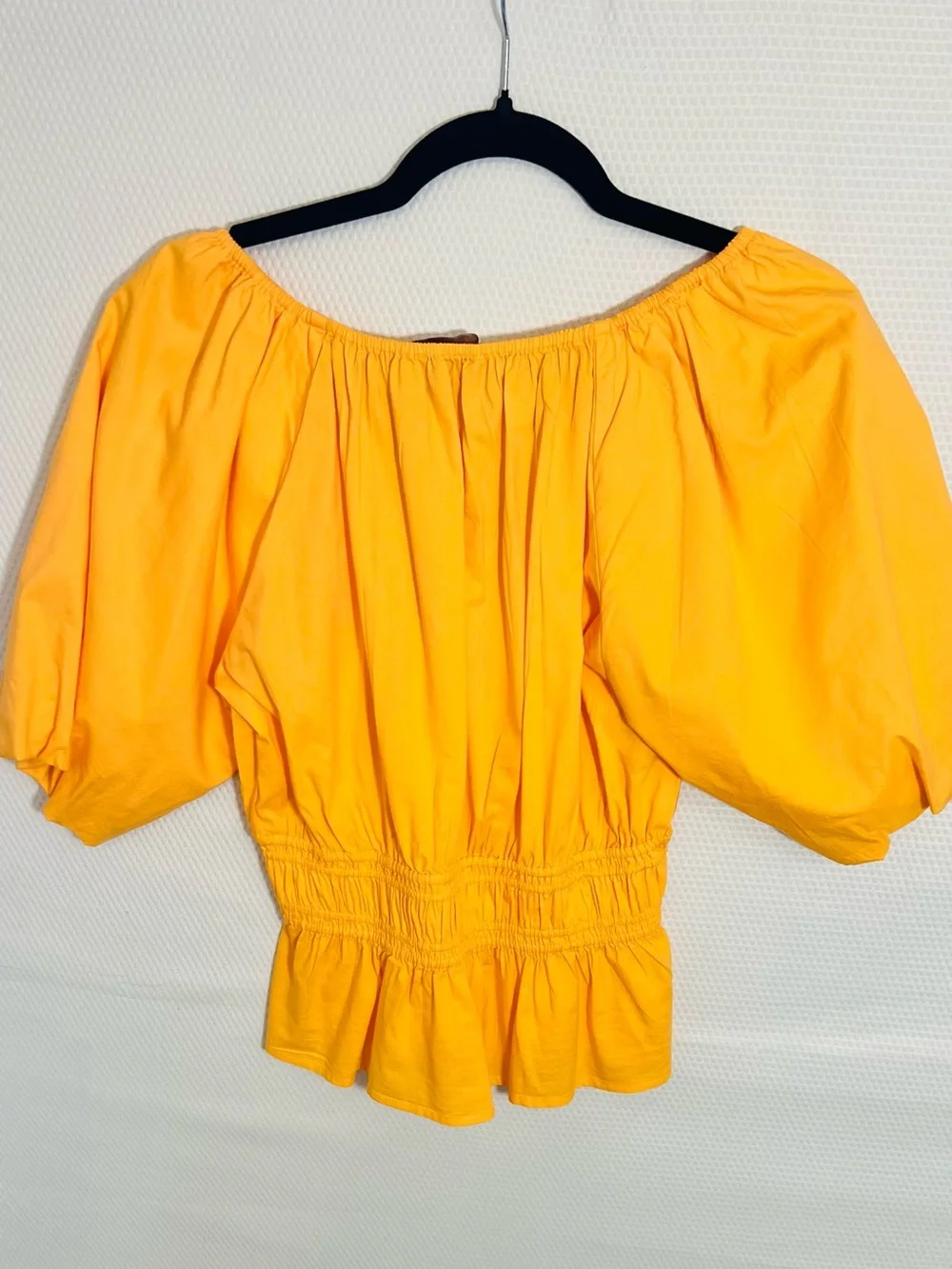 LOFT Bright Orange Puff Sleeve Smocked Peplum Blouse